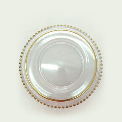Rentals (Manila) - Crystal Dinner Plate with Gold Rim (10.5 inches Diameter) with Gold Beaded Glass Plate Charger 47390 [Qty Available: 50 Units]